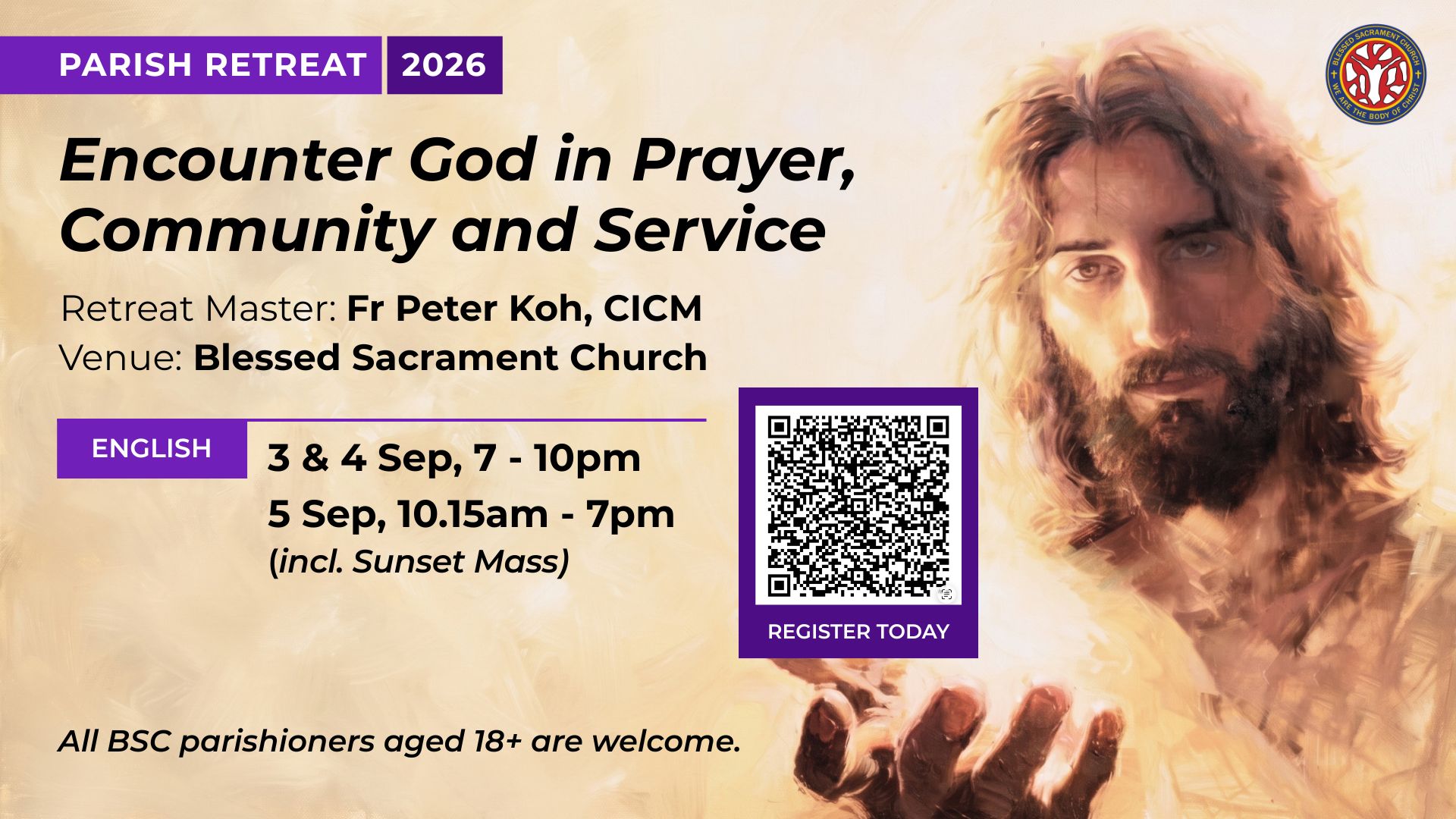Registration for BSC Parish Retreat 3 to 5 Sep 2026